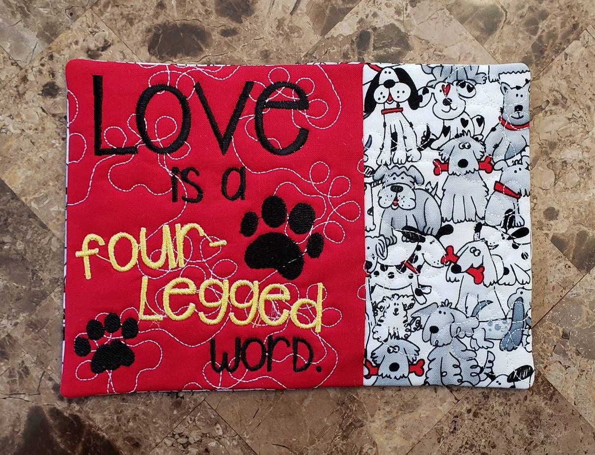 Dog Mug Rug Pet Mug Rug Love is a 4 Legged Word Embroidered Etsy UK