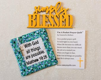 Pocket Prayer Quilt With Cross & Back Pocket - Embroidered With Scripture "With God All Things Are Possible" Matthew 19:26