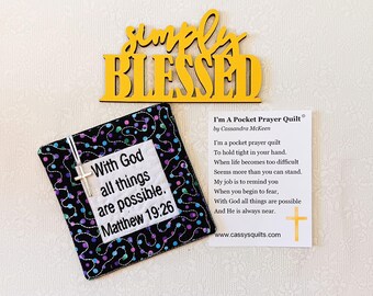 Pocket Prayer Quilt With Cross & Back Pocket - Embroidered With Scripture "With God All Things Are Possible" Matthew 19:26