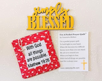 Pocket Prayer Quilt With Cross & Back Pocket - Embroidered With Scripture "With God All Things Are Possible" Matthew 19:26