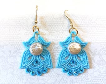 Angel or Tulip Earrings - Button Freshwater Pearls - Embroidered Free Standing Lace
