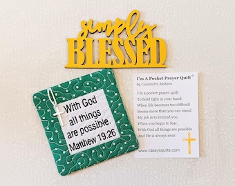 Pocket Prayer Quilt With Cross & Back Pocket - Embroidered With Scripture "With God All Things Are Possible" Matthew 19:26