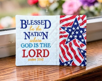 Patriotic Mug Rug - "Blessed Be The Nation Whose God Is The Lord" Psalm 33:12 Embroidered Scripture - Quilted Coaster Gift