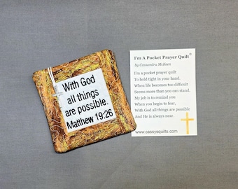 Pocket Prayer Quilt with Cross - Matthew 19:26 Embroidered Scripture - Metallic Fabric