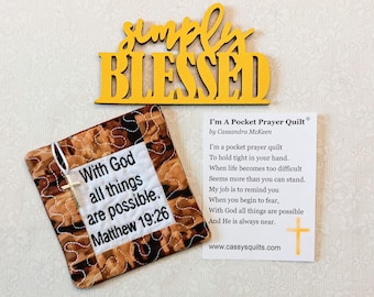 Pocket Prayer Quilt With Cross & Back Pocket - Embroidered With Scripture "With God All Things Are Possible" Matthew 19:26