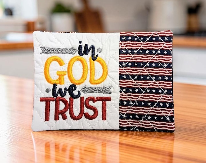 Featured listing image: Patriotic Mug Rug Embroidered With "In God We Trust" - Quilted Coaster Gift