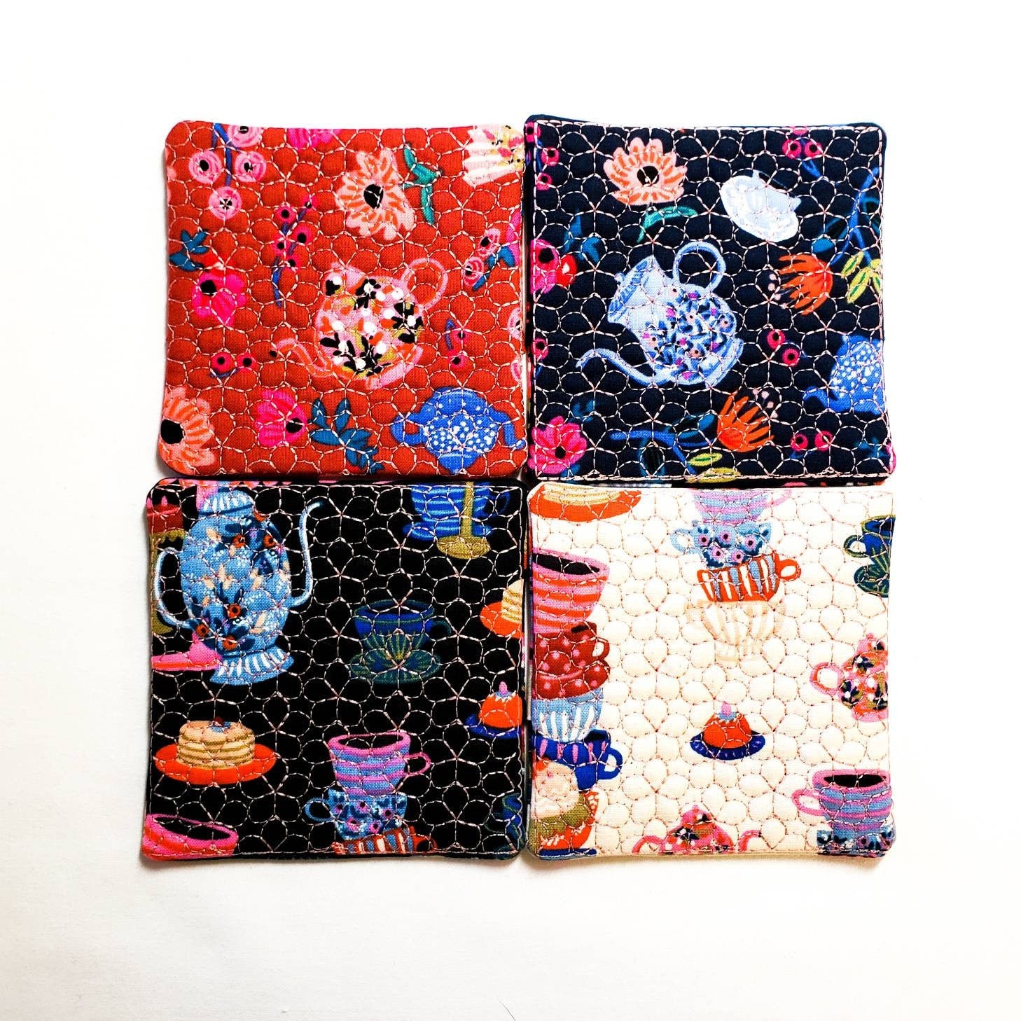 Set of 4 Floral Tea Time Coasters & Pot Holder Quilted with Floral