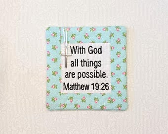 Pocket Prayer Quilt with Cross - Matthew 19:26 Embroidered Scripture