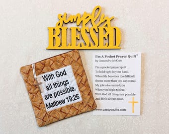 Pocket Prayer Quilt With Cross & Back Pocket - Embroidered With Scripture "With God All Things Are Possible" Matthew 19:26