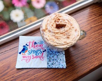 Christian Mug Rug - "Then Sings My Soul" Psalm 23:3 Embroidered Scripture - Quilted Coaster Gift