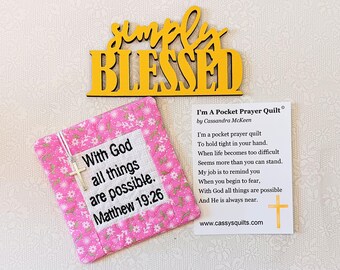 Pocket Prayer Quilt With Cross & Back Pocket - Embroidered With Scripture "With God All Things Are Possible" Matthew 19:26