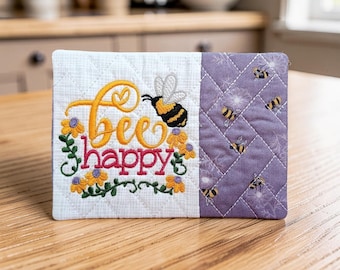 Bee Happy Embroidered Mug Rug - Quilted Coaster Gift