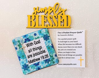 Pocket Prayer Quilt With Cross & Back Pocket - Embroidered With Scripture "With God All Things Are Possible" Matthew 19:26