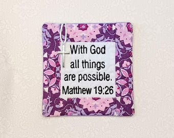 Pocket Prayer Quilt with Cross - Matthew 19:26 Embroidered Scripture