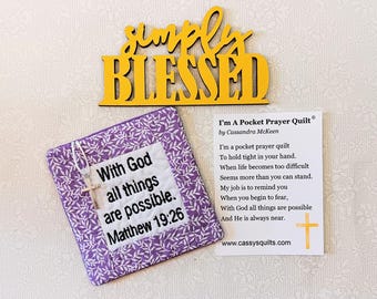 Pocket Prayer Quilt With Cross & Back Pocket - Embroidered With Scripture "With God All Things Are Possible" Matthew 19:26
