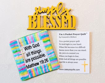 Pocket Prayer Quilt With Cross & Back Pocket - Embroidered With Scripture "With God All Things Are Possible" Matthew 19:26