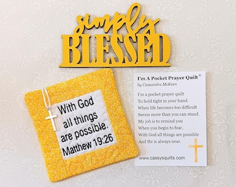 Pocket Prayer Quilt With Cross & Back Pocket - Embroidered With Scripture "With God All Things Are Possible" Matthew 19:26