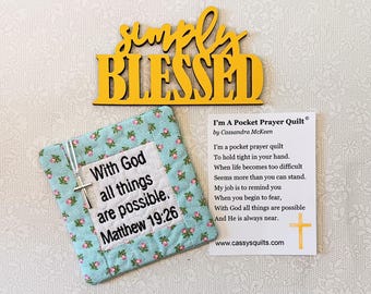Pocket Prayer Quilt With Cross & Back Pocket - Embroidered With Scripture "With God All Things Are Possible" Matthew 19:26