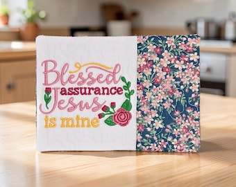 Embroidered Christian Mug Rug - "Blessed Assurance Jesus Is Mine" - Quilted Coaster Gift