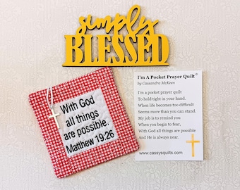 Pocket Prayer Quilt With Cross & Back Pocket - Embroidered With Scripture "With God All Things Are Possible" Matthew 19:26