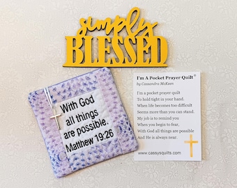 Pocket Prayer Quilt With Cross & Back Pocket - Embroidered With Scripture "With God All Things Are Possible" Matthew 19:26