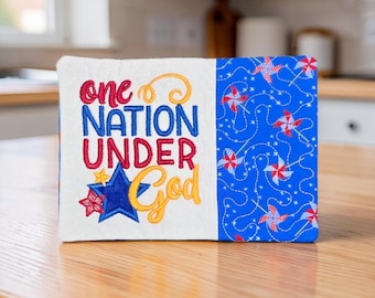 Patriotic Mug Rug Embroidered With "One Nation Under God" - Quilted Coaster Gift
