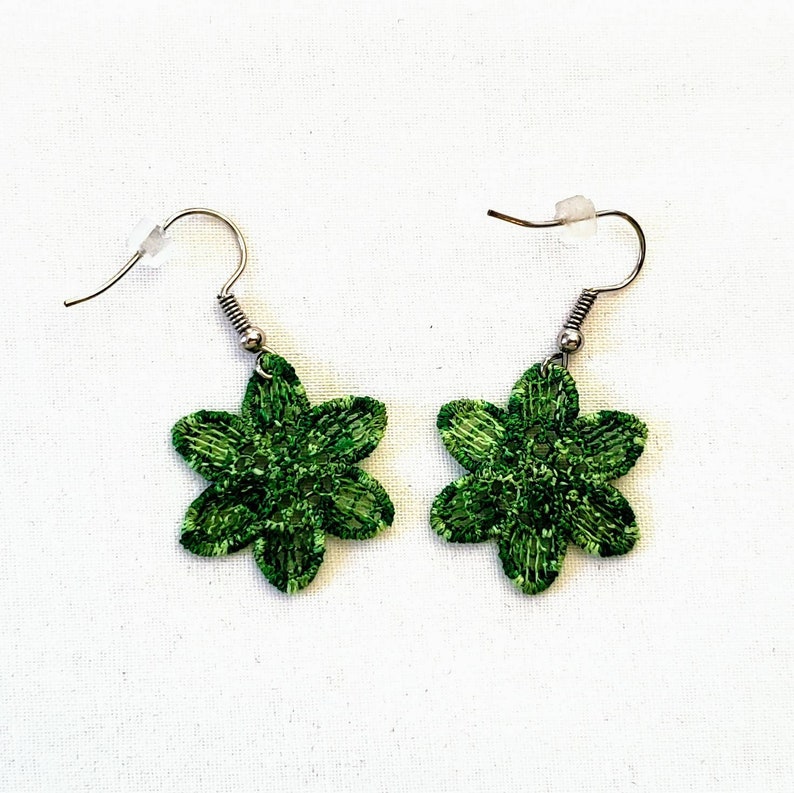 Flower Free Standing Lace Earrings with Green Ombre Embroidery Thread Crystals As Lightweight Can Be Made Clip On Earrings