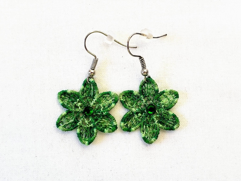 Flower Free Standing Lace Earrings with Green Ombre Embroidery Thread Crystals As Lightweight Can Be Made Clip On Earrings