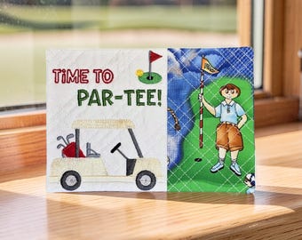 Golf Mug Rug Embroidered with "It's Time To Par-Tee" - Quilted Coaster Gift
