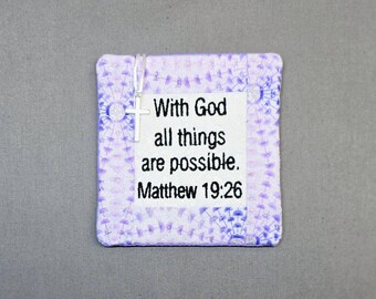 Pocket Prayer Quilt with Cross - Matthew 19:26 Embroidered Scripture