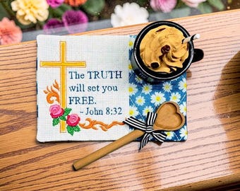 Christian Mug Rug - Quilted Coaster Gift - "The Truth Will Set You Free" John 8:32 Embroidered Scripture