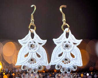 Angel Earrings With Rhinestones - Embroidered Free Standing Lace