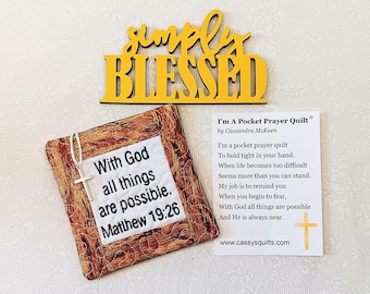 Pocket Prayer Quilt With Cross & Back Pocket - Embroidered With Scripture "With God All Things Are Possible" Matthew 19:26