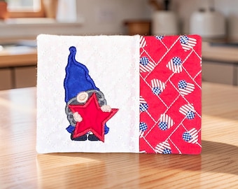 Patriotic Mug Rug Embroidered With A Gnome Peeking Around A Patriotic Star - Quilted Coaster Gift