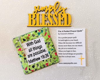 Pocket Prayer Quilt With Cross & Back Pocket - Embroidered With Scripture "With God All Things Are Possible" Matthew 19:26