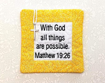 Pocket Prayer Quilt with Cross - Matthew 19:26 Embroidered Scripture