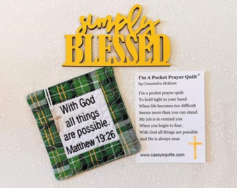 Pocket Prayer Quilt With Cross & Back Pocket - Embroidered With Scripture "With God All Things Are Possible" Matthew 19:26