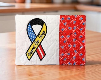 Patriotic Mug Rug Embroidered With "Support Our Troops" - Quilted Coaster Gift