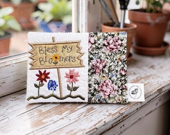 Gardening Mug Rug: Quilted Coaster Gift - "Bless My Bloomers" Embroidered Message