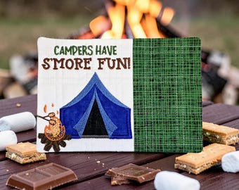 Camping Mug Rug Embroidered With "Campers Have S'more fun" - Quilted Coaster Gift