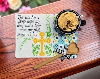 Embroidered Christian Mug Rug - "Thy Word Is A Lamp Unto My Feet" Quilted Coaster Gift - Psalm 119:105