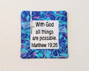 Pocket Prayer Quilt with Cross - Matthew 19:26 Embroidered Scripture