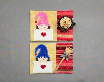 Valentine's Day Mug Rug: Gnome Girl Rectangle Coaster - Gift for Coffee Lovers