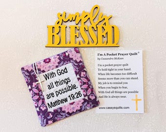 Pocket Prayer Quilt With Cross & Back Pocket - Embroidered With Scripture "With God All Things Are Possible" Matthew 19:26