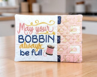 Sewing Mug Rug Embroidered With "May Your Bobbin Always Be Full" - Quilted Coaster Gift