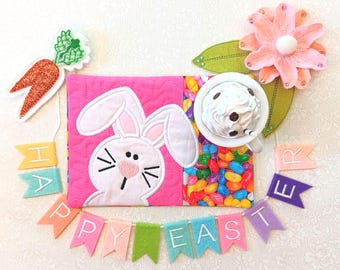 Easter Bunny Mug Rug - Ideal Gift for Coffee and Tea Lovers - Fabric Rectangle Coaster