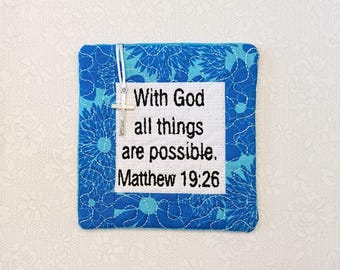 Pocket Prayer Quilt with Cross - Matthew 19:26 Embroidered Scripture
