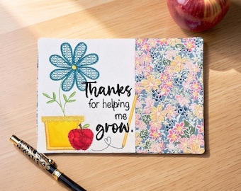 Embroidered Teacher Mug Rug: "Thank You For Helping Me Grow" - Quilted Coaster Gift