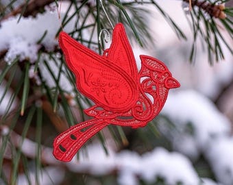 Cardinal Christmas Ornament - Embroidered Free Standing Lace Applique