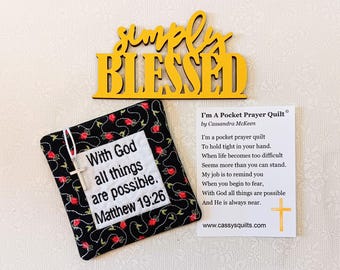 Pocket Prayer Quilt With Cross & Back Pocket - Embroidered With Scripture "With God All Things Are Possible" Matthew 19:26